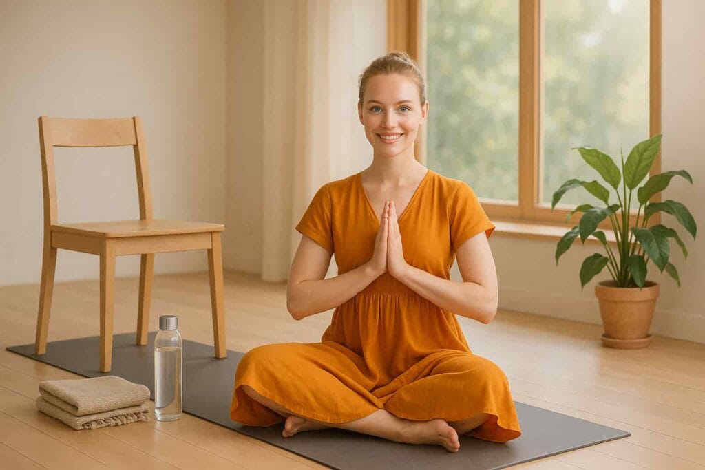 Young woman with fair skin and blue eyes in a saffron yoga dress practicing gentle chair and somatic yoga poses for beginners in a sunlit studio