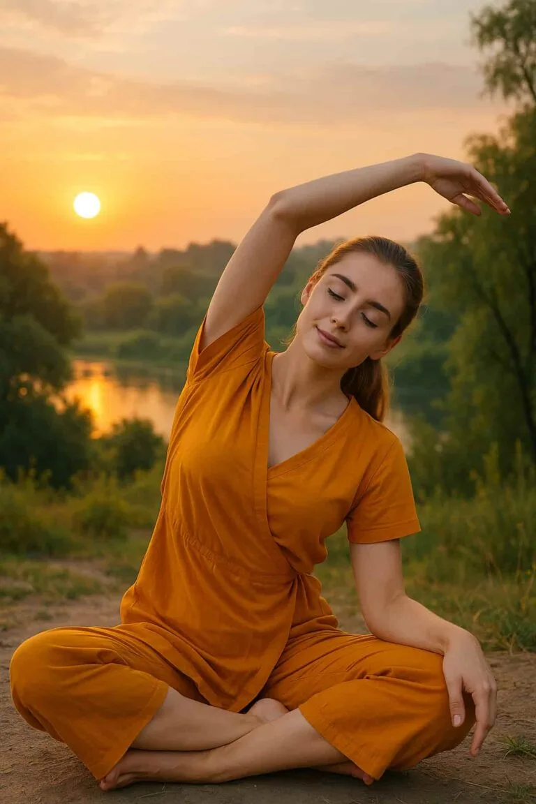 A 23-year-old woman in a saffron yoga dress doing a gentle yoga pose outdoors