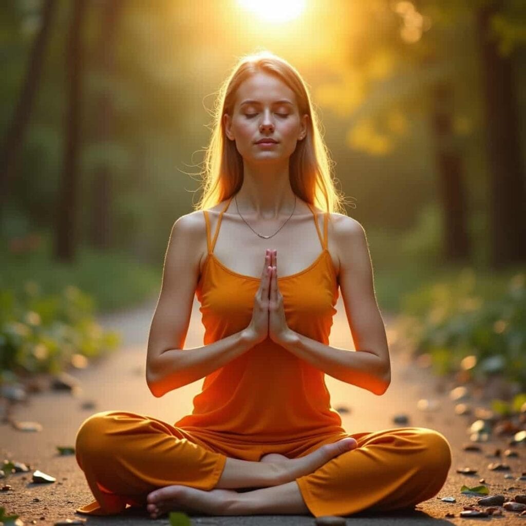 Beautiful girl with fair skin and blue eyes meditating outdoors