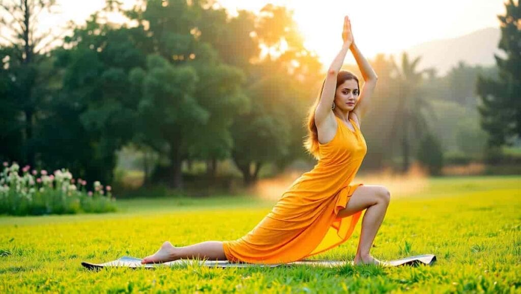 Fair-skinned woman in a saffron yoga dress doing Low Lunge pose