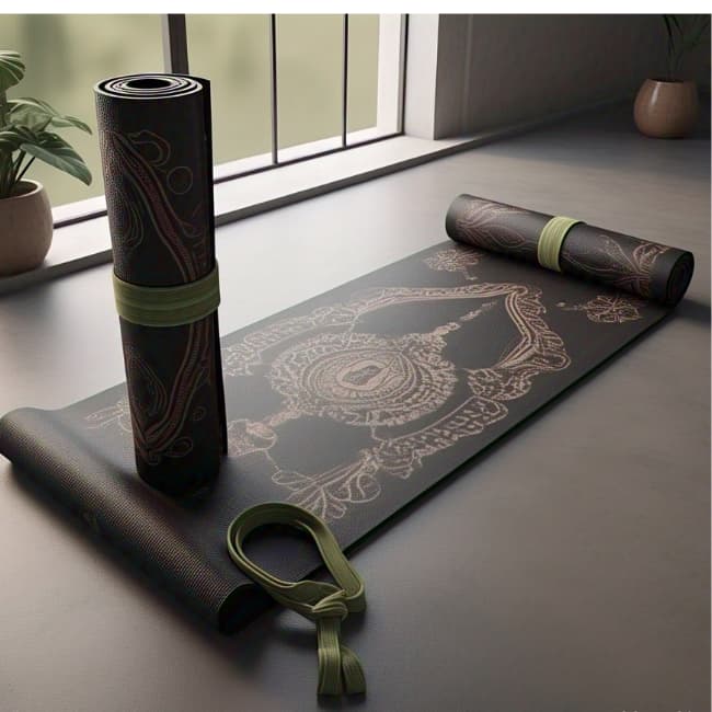 body alignment yoga mat in grey with sleek yoga strap, extra wide and thick for home workouts