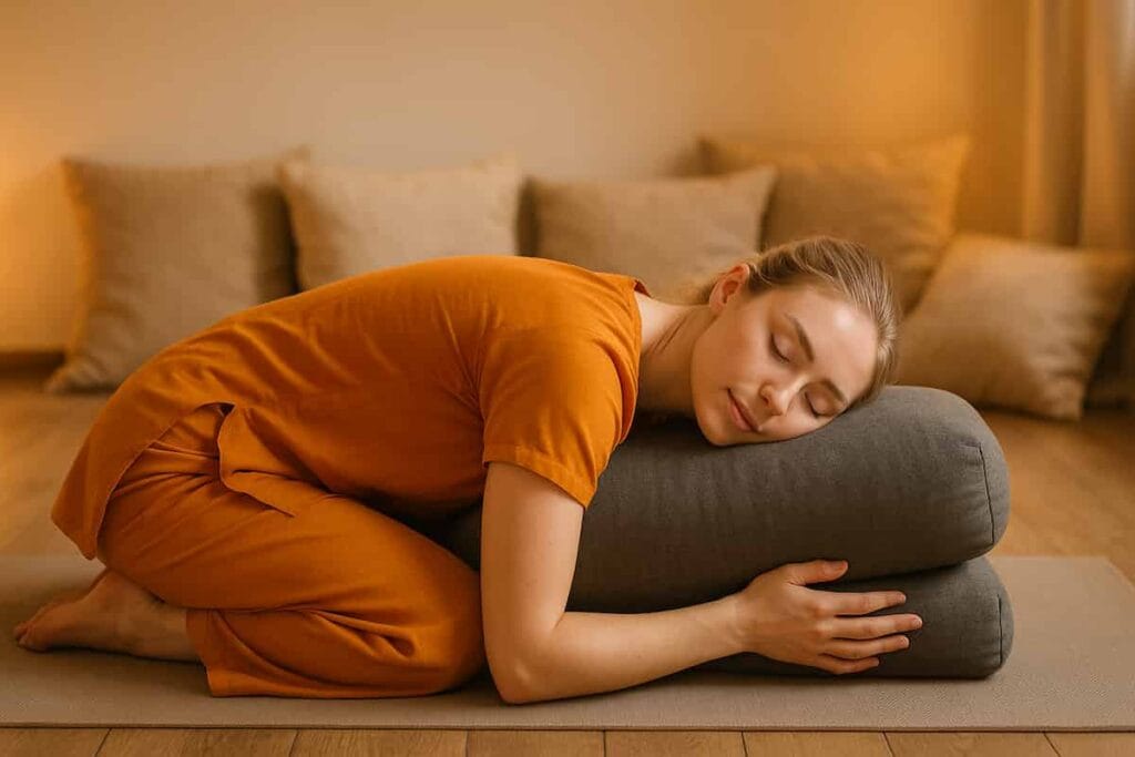 Beautiful 23-year-old girl with fair skin and blue eyes practicing Supported Child’s Pose in a peaceful Restorative Yoga setting.