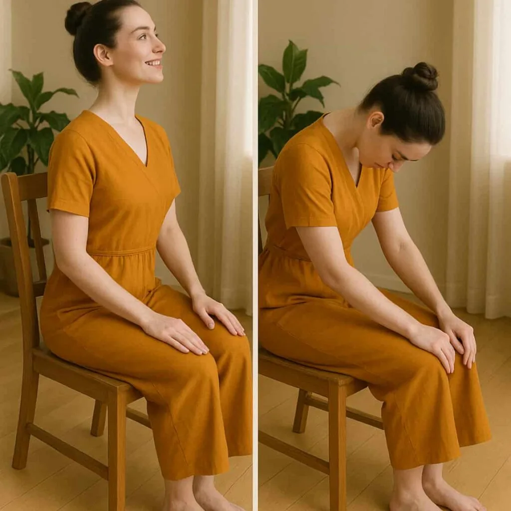 A fair-skinned woman in a saffron yoga dress practices Chair Yoga Exercises Seated Cat-Cow on a wooden chair in a sunlit sunroom. Her arched and rounded spine, paired with a napping cat and wellness props, highlights gentle spinal relief