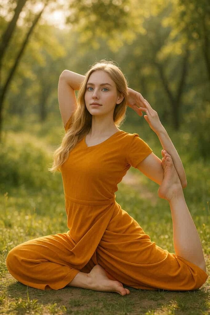 Beautiful 23-year-old girl in a saffron-colored yoga dress practicing yoga outdoors. Fit physique, natural fair skin, and blue eyes, embodying different types of yoga poses.