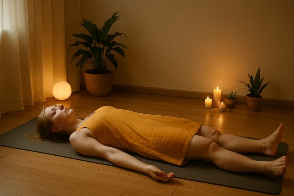 Beautiful 23-year-old girl with fair skin and blue eyes practicing Yoga Nidra in Savasana, deeply relaxed and meditative.