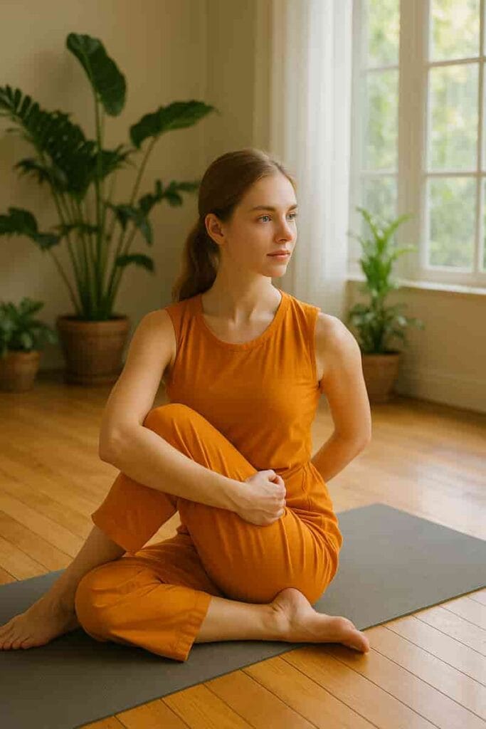 A beautiful, good-looking 23-year-old girl with a fit physique, natural very fair skin, and blue eyes, practicing Ashtanga Yoga in a traditional saffron-colored yoga dress