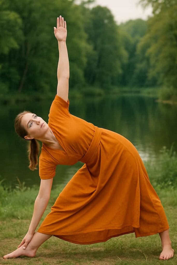 A beautiful 23-year-old girl with fair skin and blue eyes wearing a saffron-colored yoga dress practicing an Ashtanga Yoga pose outdoors with strength and focus
