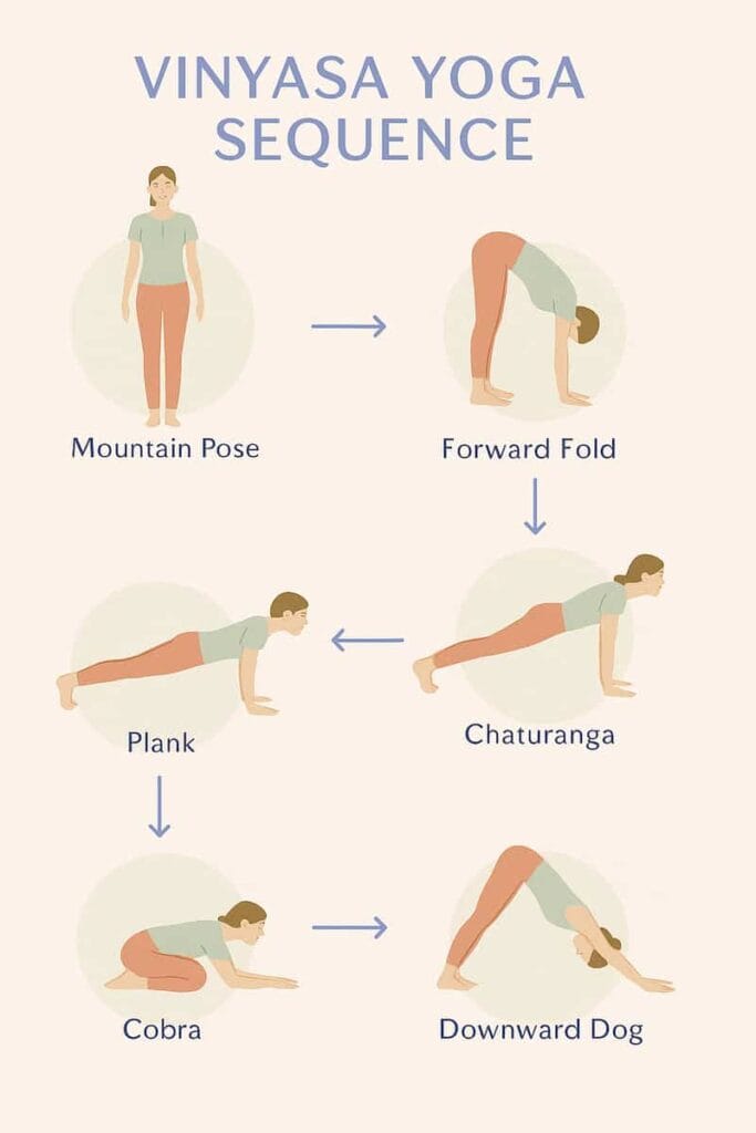 Illustrated flowchart showing beginner Vinyasa yoga sequence with labeled poses