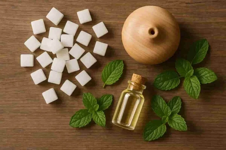 Natural camphor cubes and essential oil bottle on a wooden surface for wellness remedies
