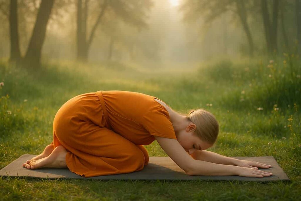 Yoga practitioner in Child’s Pose outdoors, meditative and restful in saffron yoga outfit