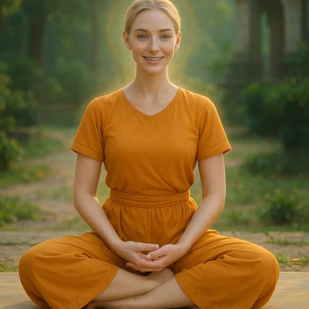 A beautiful woman in a saffron yoga dress practicing Metta Bhavana meditation, ending her session with loving-kindness in a peaceful outdoor setting.