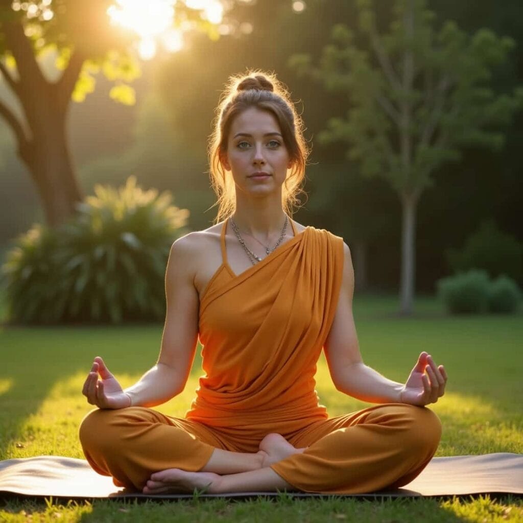 Beautiful 23-year-old woman with fair skin and blue eyes gently opening her eyes and stretching after meditation in a saffron yoga dress, symbolizing mindful stillness and awareness