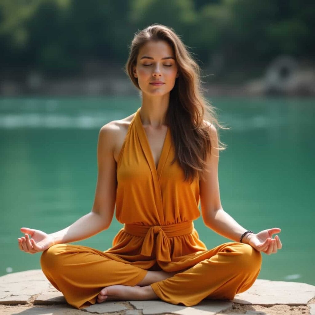 Beautiful 23-year-old woman in a saffron yoga dress meditating with calm expression, symbolizing equanimity and non-reactivity during mindfulness practice