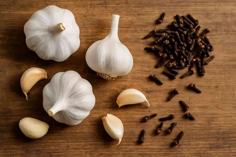 Fresh garlic bulbs and clearly visible dried clove buds on a rustic wooden surface, styled naturally for health and immunity remedies