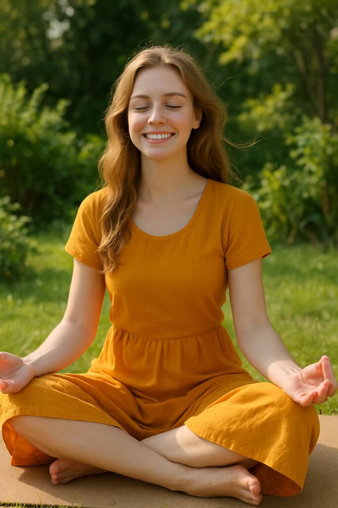 A smiling 26-year-old woman with very fair skin and blue eyes meditating outdoors on a yoga mat, wearing a traditional saffron-colored yoga dress, sitting cross-legged in a relaxed, natural pose in a sunny garden.