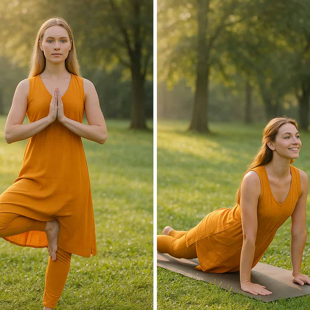 Side-by-side image of Hatha vs Vinyasa Yoga showing stillness vs flow in a peaceful outdoor setting