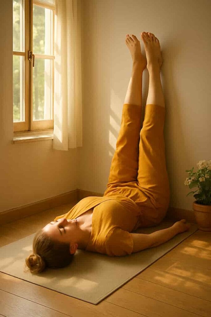 A young woman in a saffron outfit doing Legs Up the Wall pose outdoors lying on a mat with her legs extended upward against a tree or wall, surrounded by soft light and nature.