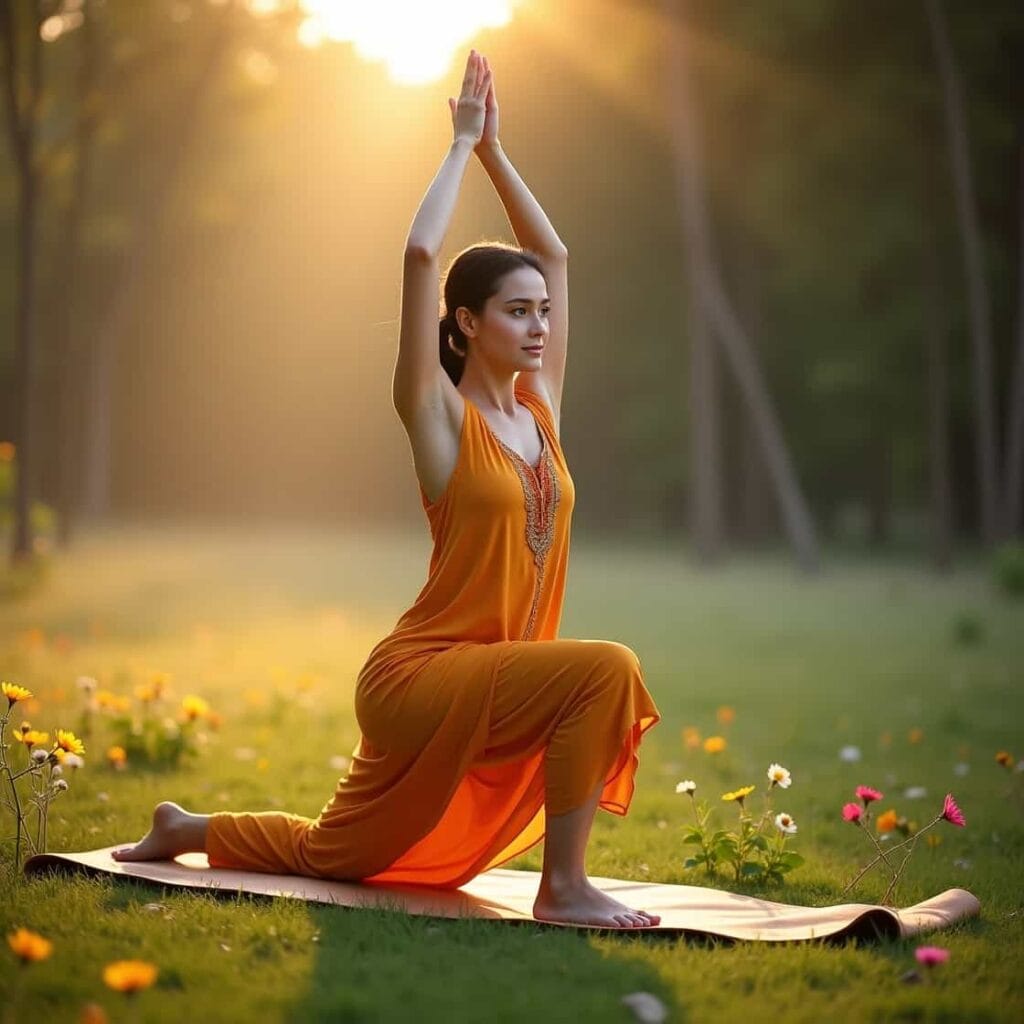 A young woman in a saffron yoga outfit performing a low lunge on a yoga mat outdoors in the morning, surrounded by soft sunlight and greenery, switching sides to stretch both legs.