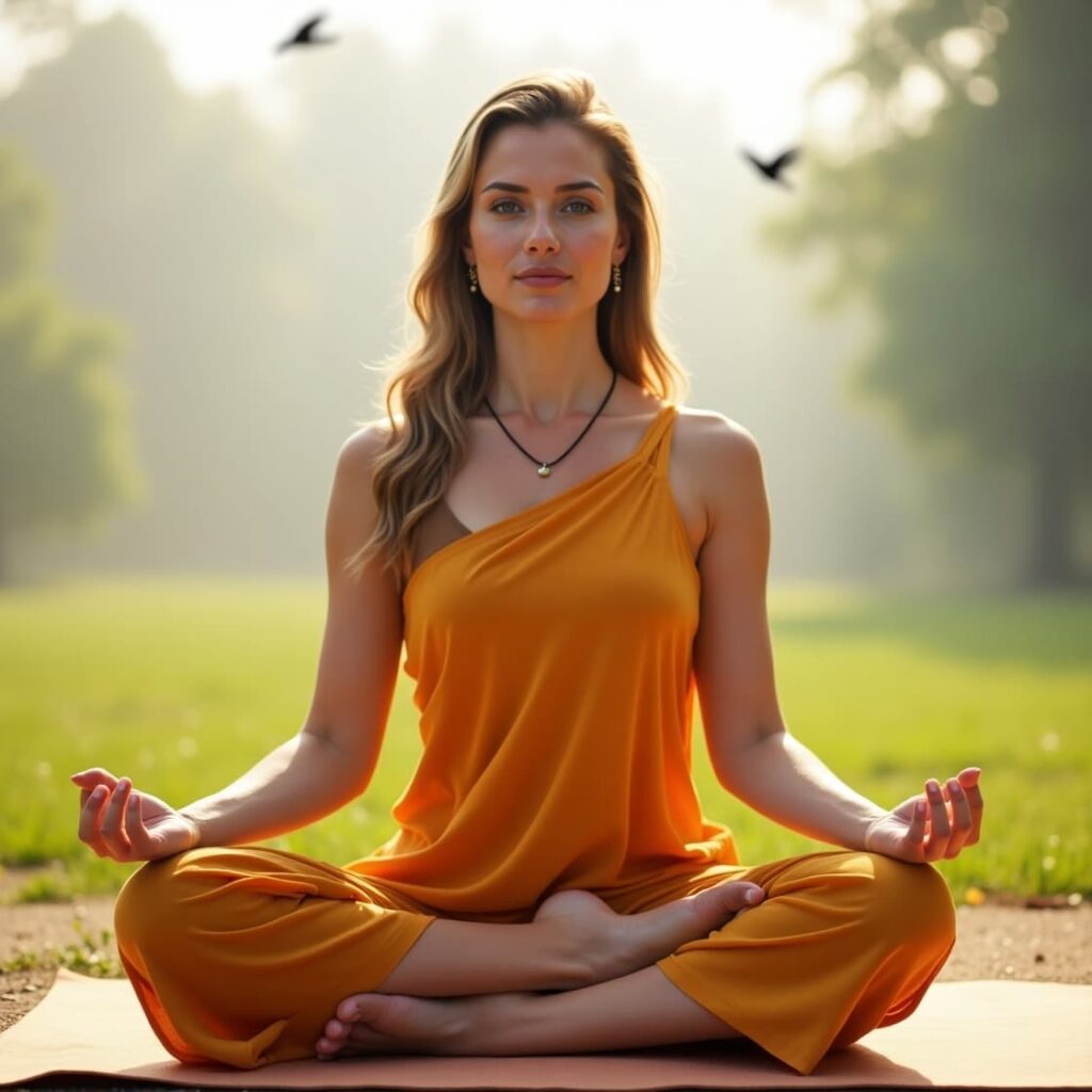 A 26-year-old woman with fair skin and blue eyes wearing a traditional saffron yoga dress, meditating peacefully in Sukhasana during a serene early morning yoga session