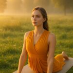 Beautiful woman in a saffron yoga dress performing morning yoga poses outdoors in soft golden sunlight, surrounded by nature, calm and refreshing atmosphere