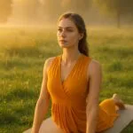 Beautiful woman in a saffron yoga dress performing morning yoga poses outdoors in soft golden sunlight, surrounded by nature, calm and refreshing atmosphere