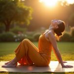A young woman in a saffron yoga outfit practicing a variety of yoga poses outdoors in the early morning sunlight, representing a peaceful and energizing 30-minute yoga routine.