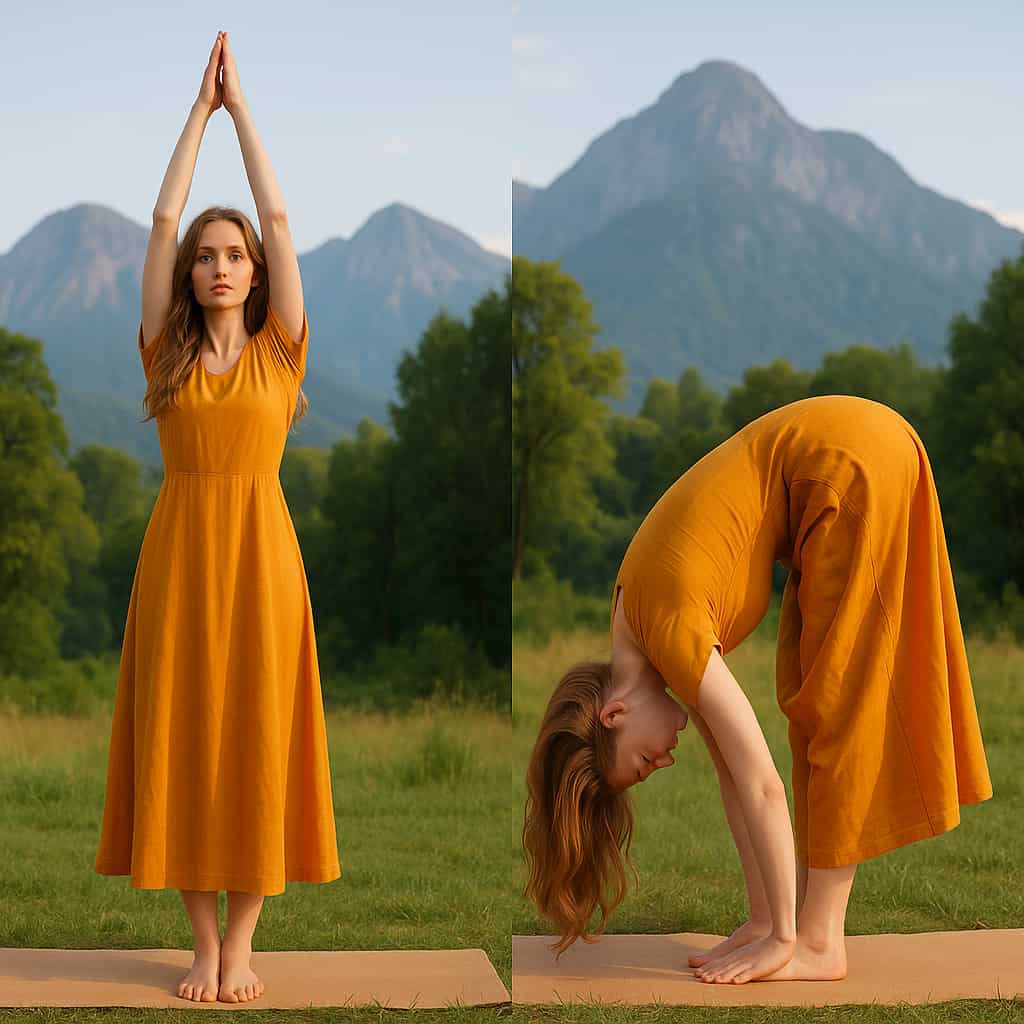 A beautiful 26-year-old woman with fair skin, blue eyes, and a fit physique practicing Mountain Pose and Forward Fold outdoors, wearing a traditional saffron-colored yoga dress with mountains and greenery in the background.