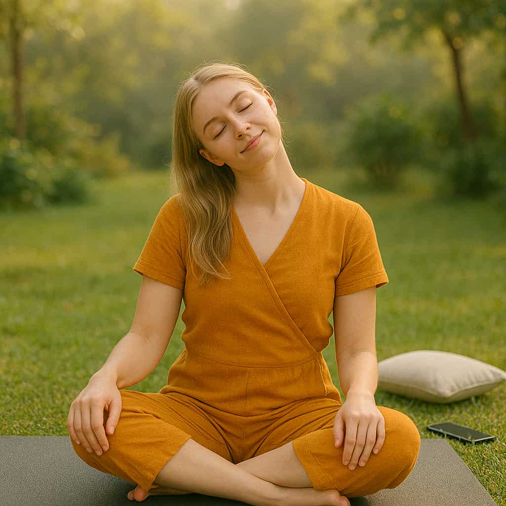 A young woman in a saffron yoga outfit doing neck rolls outdoors in the morning, eyes closed and relaxed, surrounded by nature and soft sunlight.