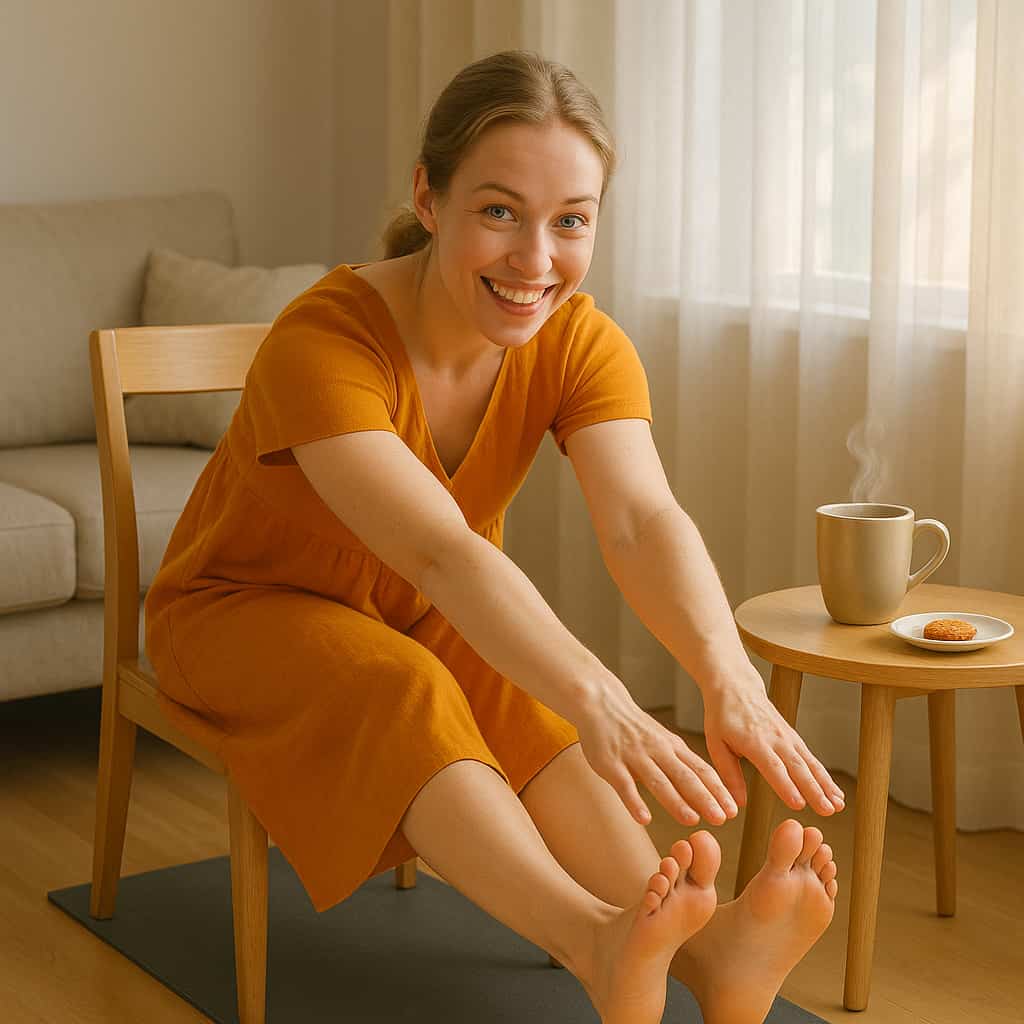 Woman leaning forward in a seated stretch, reaching toward their toes with a playful smile