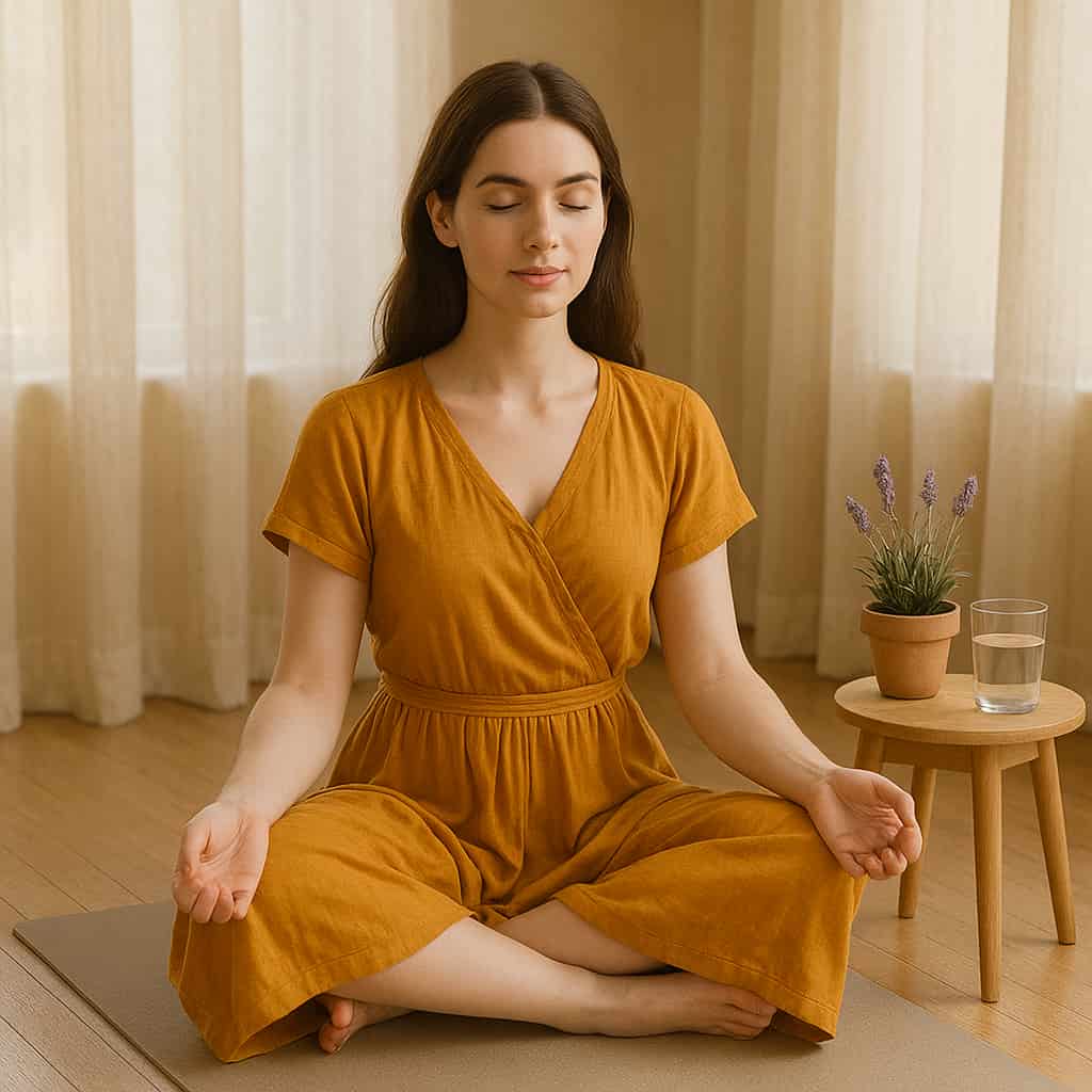 Young woman with fair skin, blue eyes, and brown hair practicing cross-legged on a yoga mat, relaxed posture, eyes closed, hands resting on knees. Soft morning light filters through a window. Perfect start to your 30-minute morning yoga routine – because even your breath deserves a warm-up!