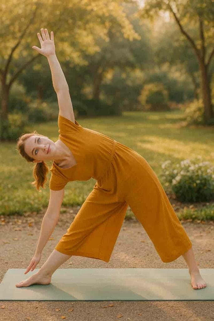A young woman in a saffron yoga outfit doing Triangle Pose outdoors in the morning, with arms extended wide and body tilted sideways on a yoga mat under gentle sunlight.