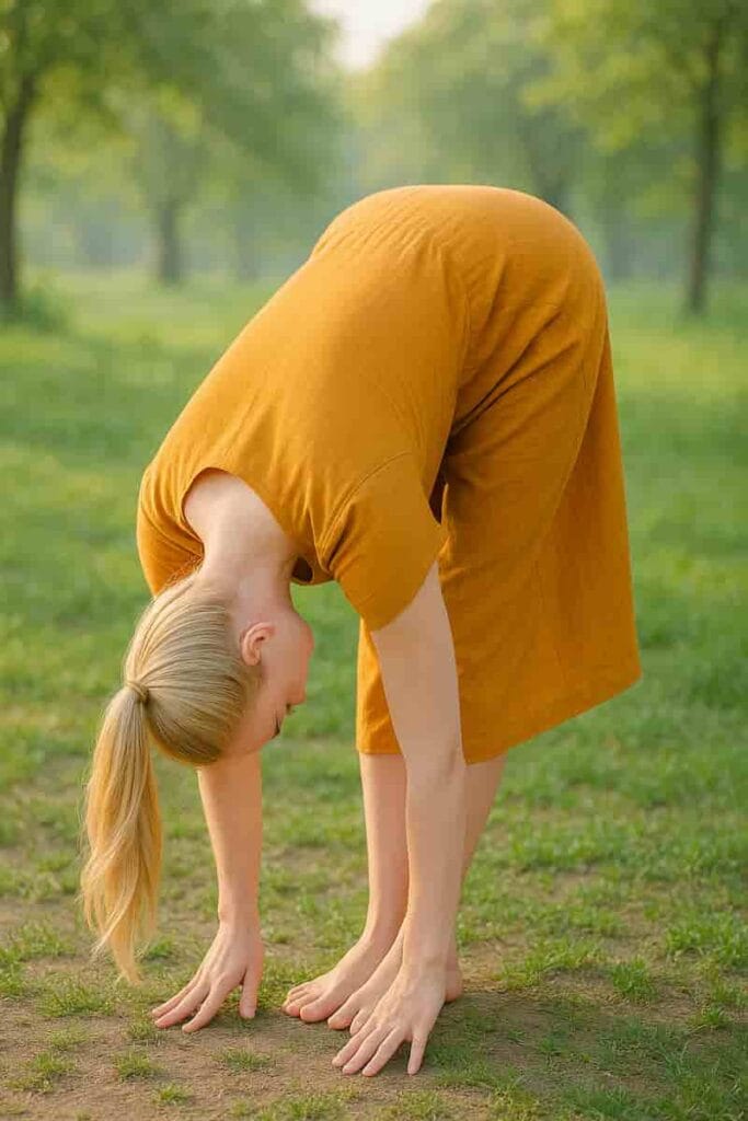 Woman doing Forward Fold in a park during sunrise in a traditional saffron yoga dress