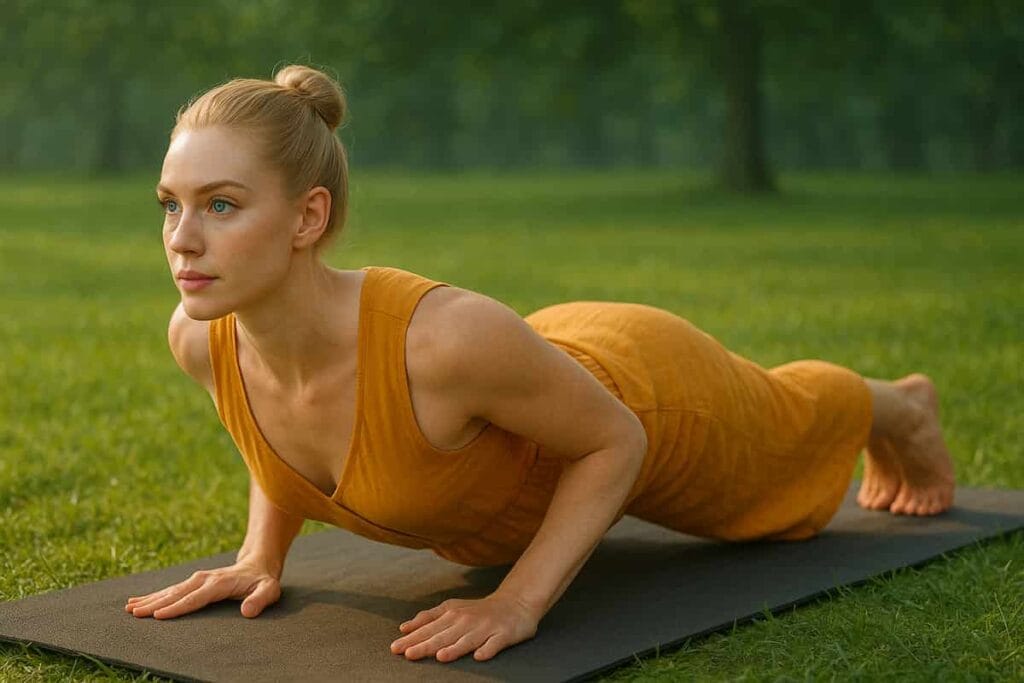 Fit young woman in Low Plank (Chaturanga) wearing saffron yoga clothing in a natural setting