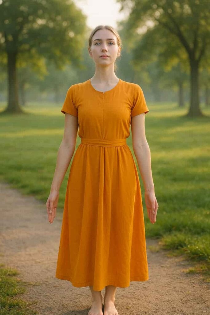 Young woman in Mountain Pose outdoors wearing a saffron yoga dress, practicing Vinyasa yoga