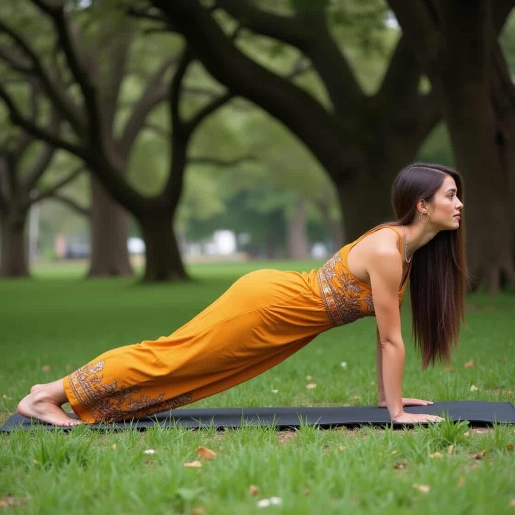 Yoga practitioner in Plank Pose outdoors wearing saffron yoga attire