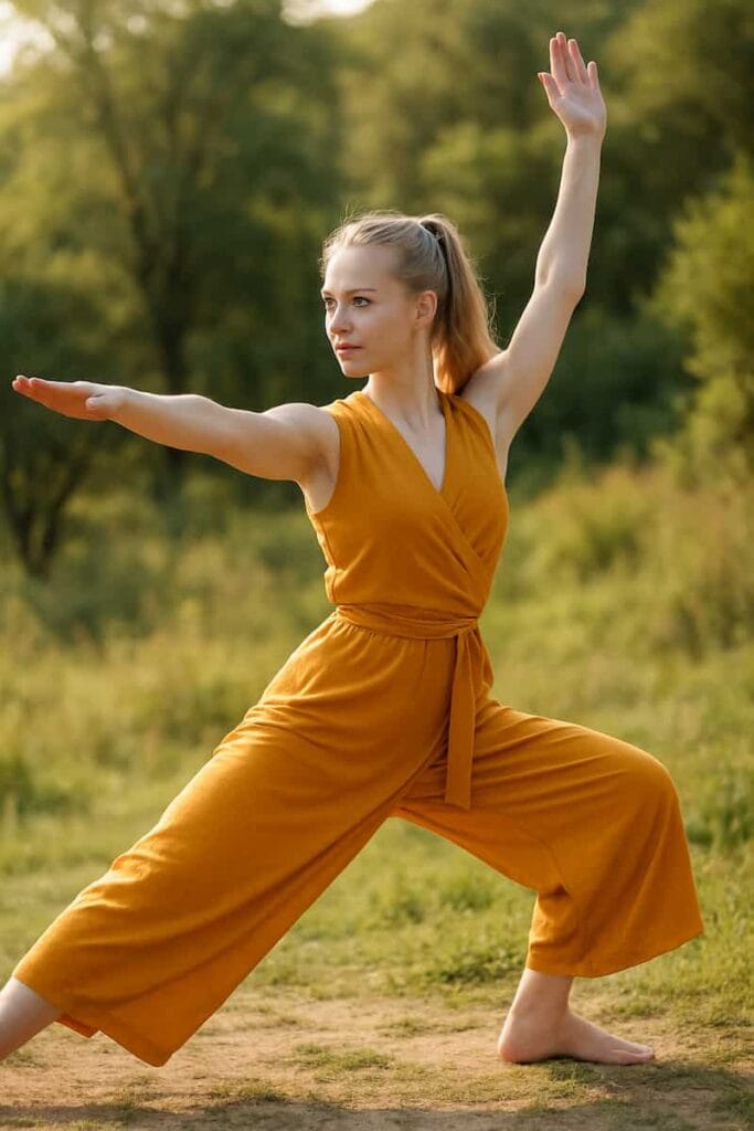 A beautiful 23-year-old girl with fair skin and blue eyes wearing a saffron-colored yoga dress practicing a flowing Vinyasa Yoga sequence outdoors.