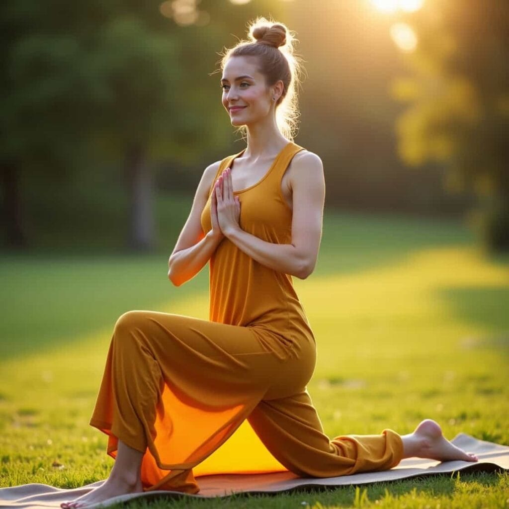 A young woman practicing Vinyasa yoga outdoors wearing a traditional saffron yoga dress