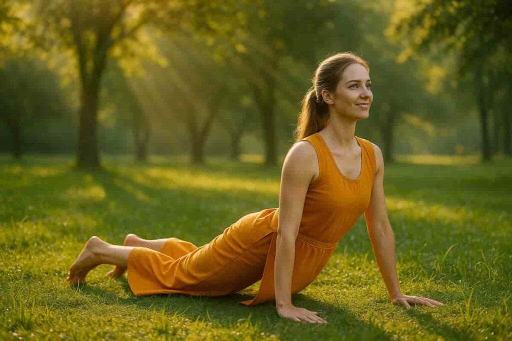 A young woman gracefully transitioning between Vinyasa yoga poses outdoors