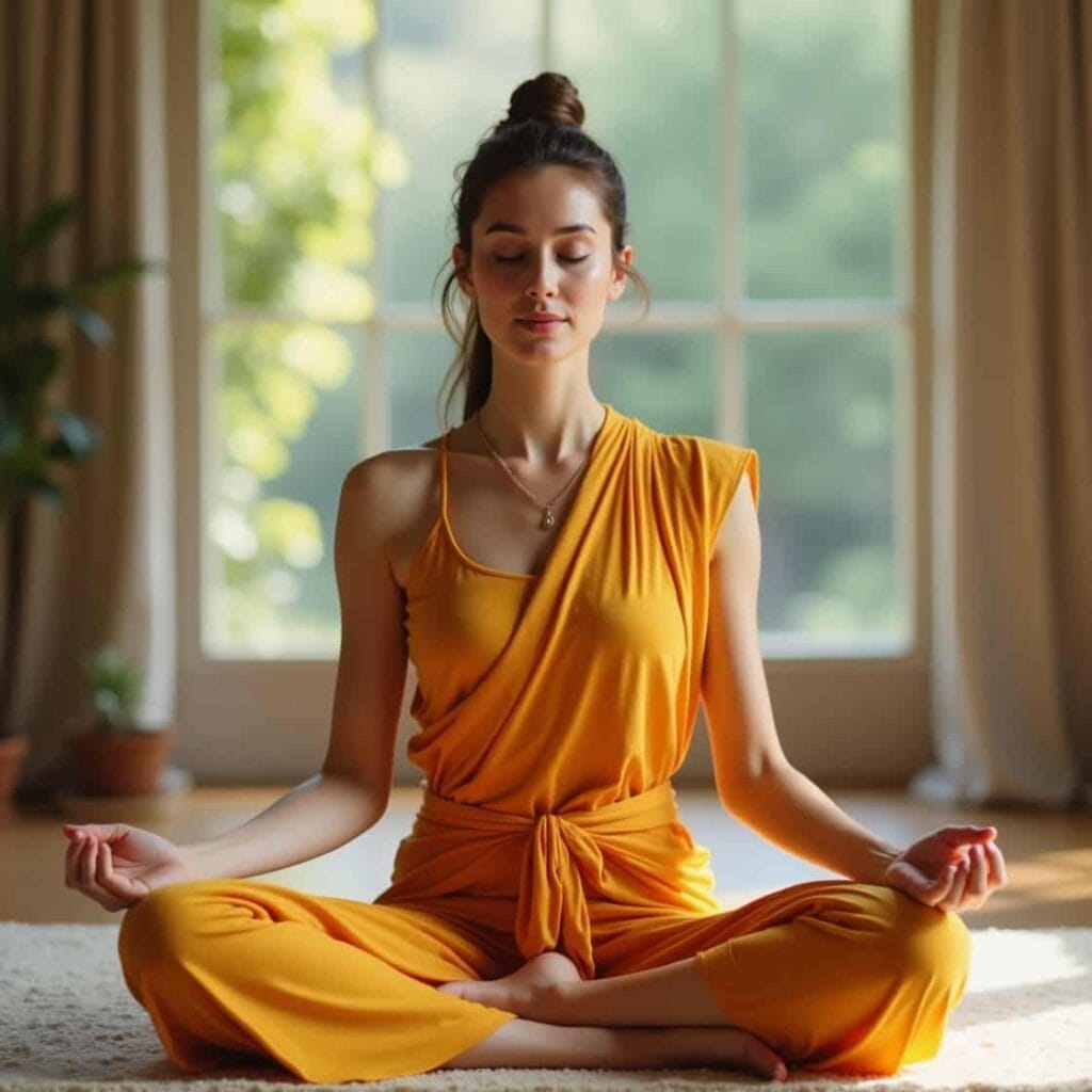 Beautiful 23-year-old woman with fair skin and blue eyes meditating in a traditional saffron yoga outfit, practicing Vipassana body scan from head to toe