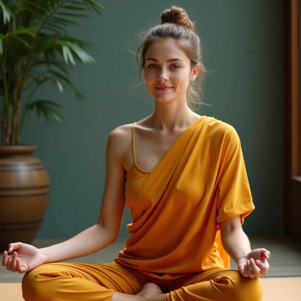 Beautiful 23-year-old woman in a saffron yoga outfit meditating with calm and balanced expression, representing equanimity during Vipassana practice