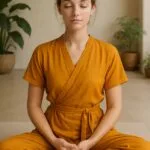 A young woman practicing the Vipassana meditation technique outdoors, seated in a cross-legged position wearing a saffron yoga outfit.