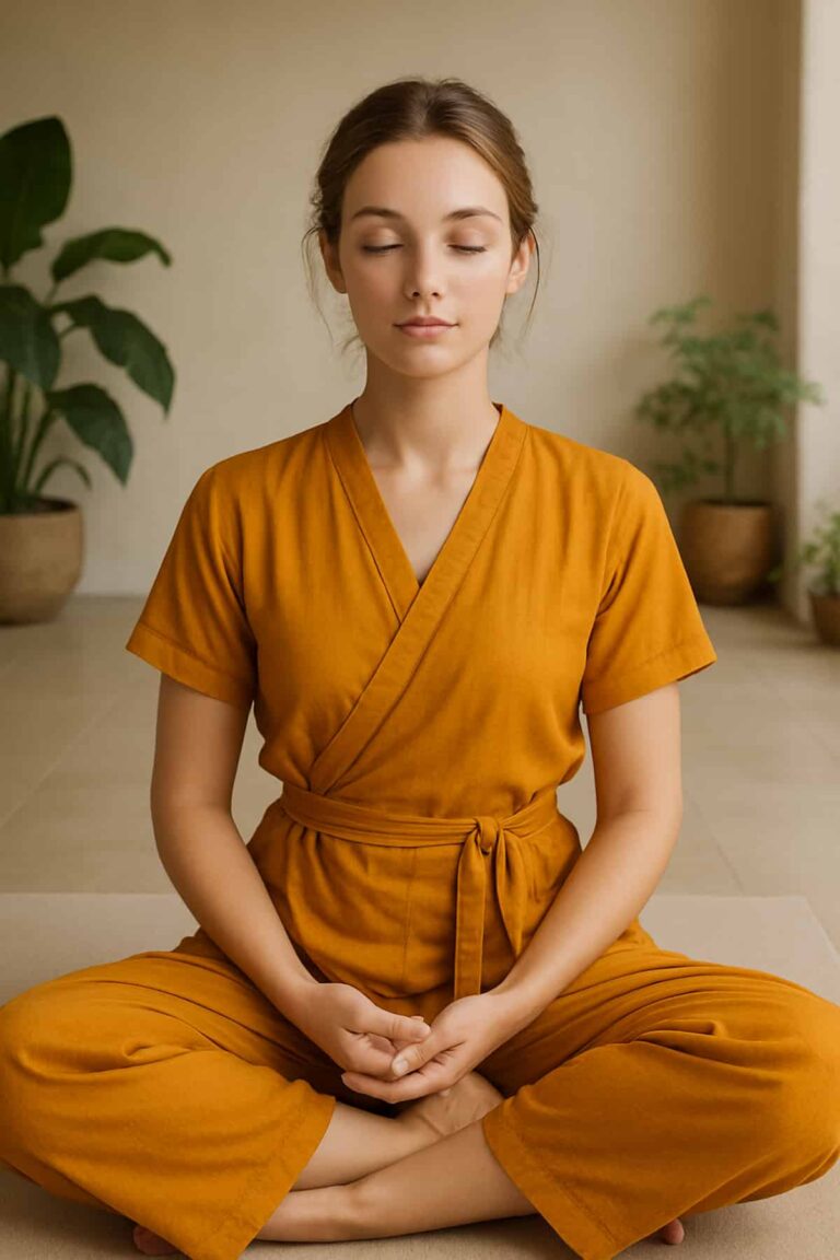 A young woman practicing the Vipassana meditation technique outdoors, seated in a cross-legged position wearing a saffron yoga outfit.
