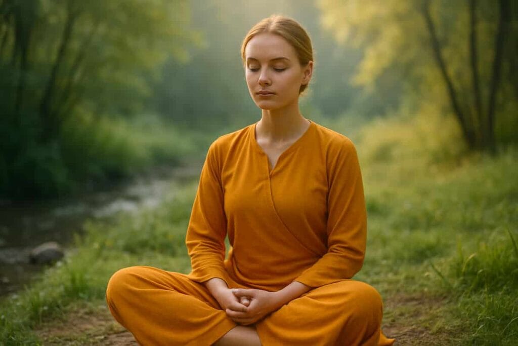 A young woman practicing the Vipassana meditation technique outdoors, seated in a cross-legged position wearing a saffron yoga outfit.