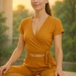 A young woman meditating in Vipassana style outdoors, wearing a traditional saffron yoga outfit in a peaceful natural setting.