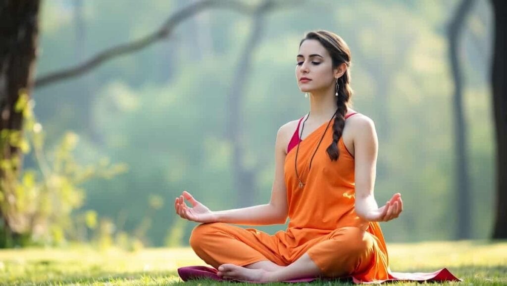 A woman practicing Vipassana meditation outdoors, wearing a saffron yoga outfit and sitting cross-legged in a peaceful natural setting.