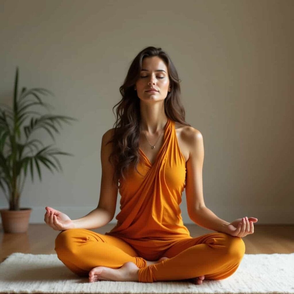 Beautiful 23-year-old woman with blue eyes and fair skin meditating in a traditional saffron yoga dress – Anapana breath awareness practice