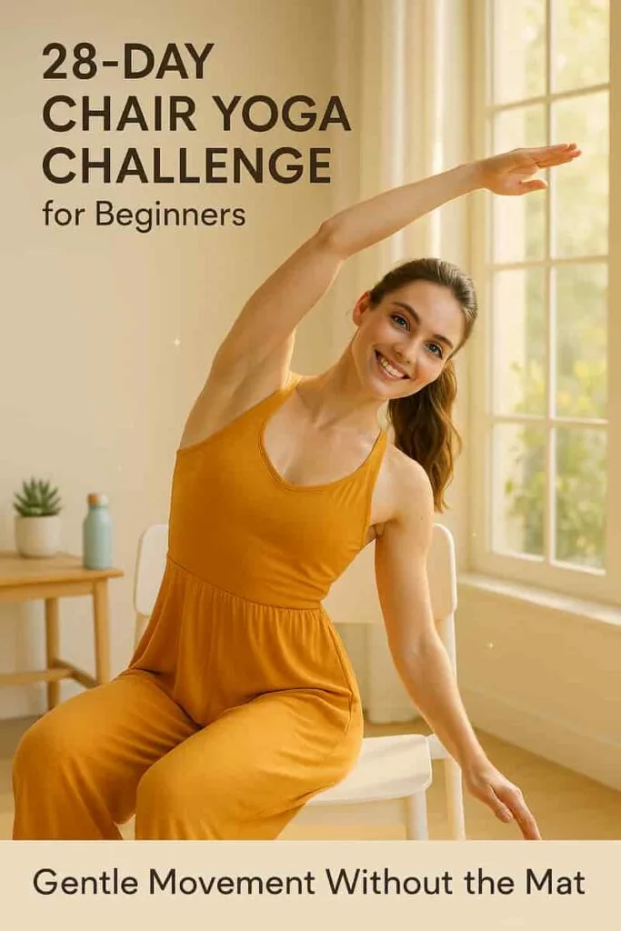 A joyful young woman with fair skin, blue eyes, and chestnut-brown hair in a modern saffron yoga dress practices a seated spinal twist on a white chair. Sunlight streams through windows into a minimalist room with plants and a water bottle, promoting the *28-Day Chair Yoga Challenge for Beginners* as an accessible, calming fitness routine.