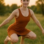 A young woman practicing Acroyoga outdoors, dressed in a dark saffron yoga outfit, looking peaceful and confident