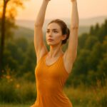 A young woman with fair skin, blue eyes, and brown hair practicing Anusara Yoga in a modern saffron yoga dress on a serene beach at sunrise, embodying grace and heart-centered energy.