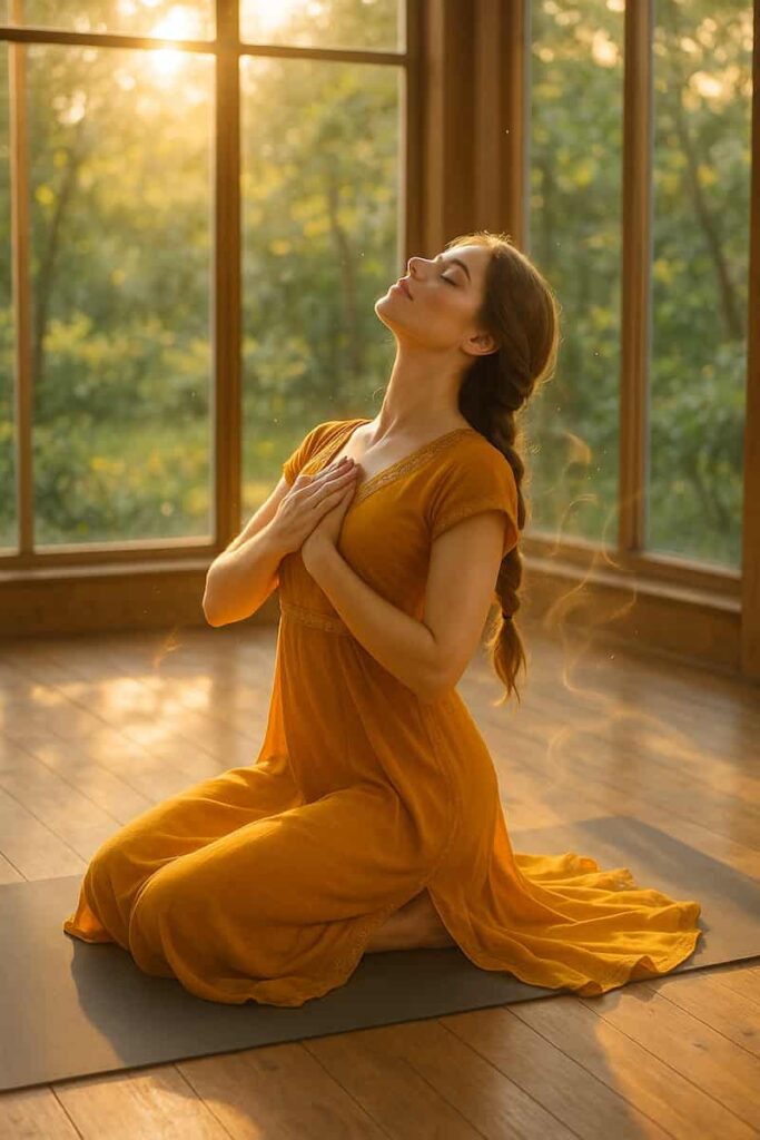 A serene image of a young woman with fair skin, blue eyes, and brown hair in a saffron yoga dress practicing Anusara yoga. She flows into a heart-opening Camel Pose in a sunlit studio, surrounded by golden light and healing energy, symbolizing emotional renewal and inner peace.